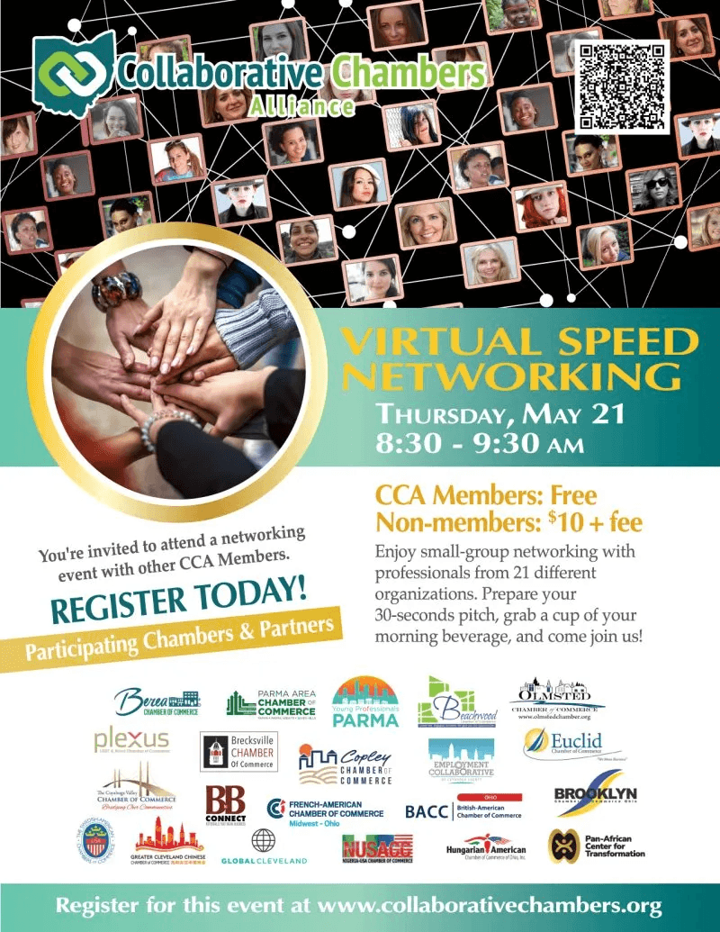 Flyer for Collaborative Chambers Alliance promoting a Virtual Speed Networking event with date May 21, 8:30–9:30 am, including logos and a QR code.