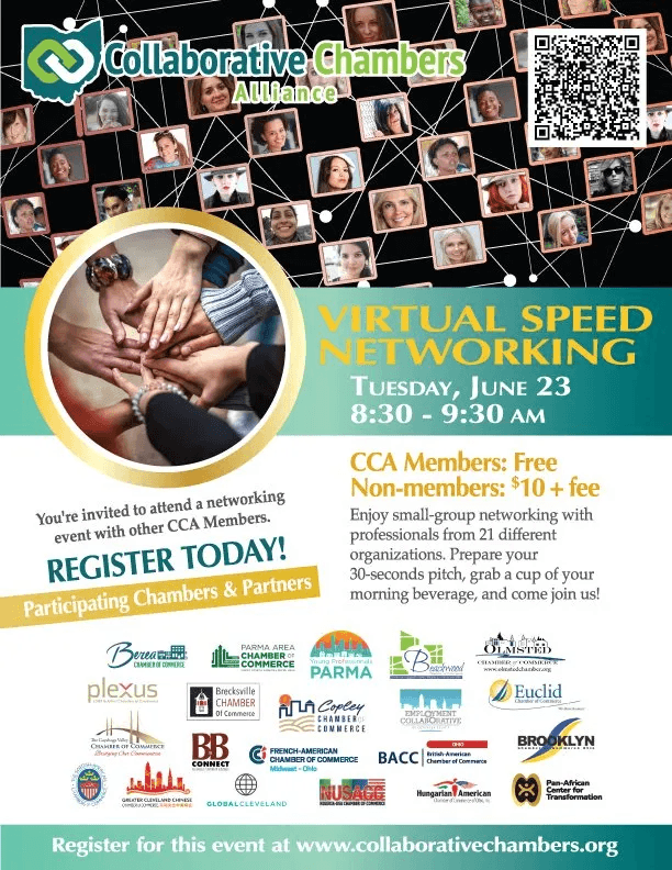 Promo poster for Collaborative Chambers Alliance: Virtual Speed Networking on Tue, Jun 23, 8:30–9:30 am; includes member photo collage, QR code, and logos.