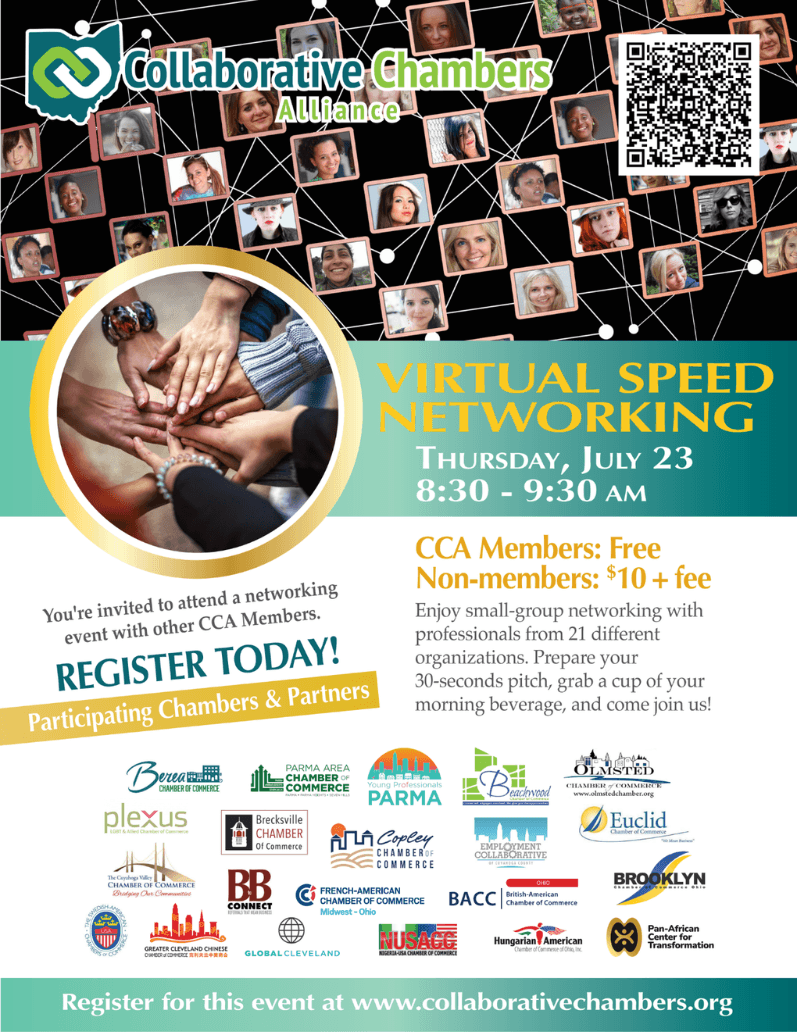 Promotional flyer for Collaborative Chambers Alliance Virtual Speed Networking on July 23, 8:30–9:30 AM; free for members, $10 for non-members; QR code and logos shown; register at the site.