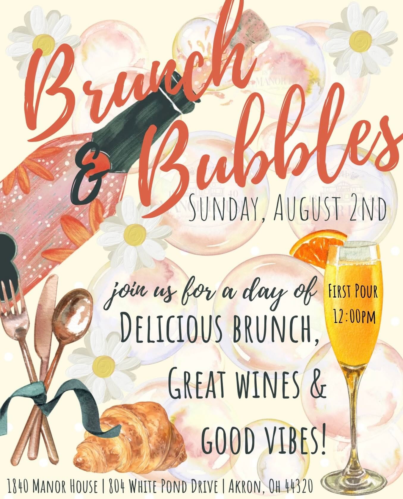 Brunch & Bubbles event poster with wine glass, pastries, and daisies; Akron, Ohio venue details.