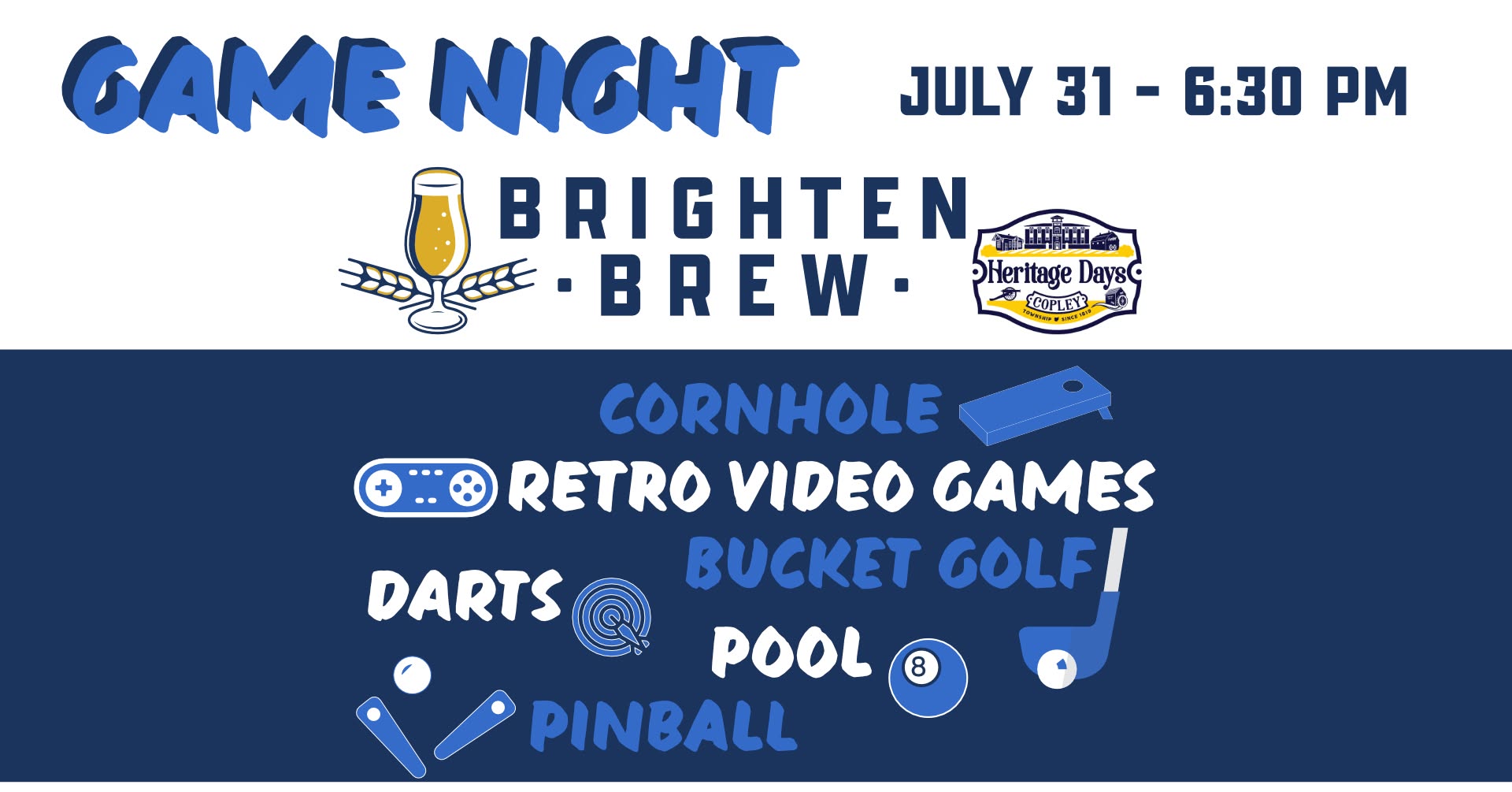 Poster advertising Game Night with a July 31 6:30 PM date, Brighten Brew logo, and Heritage Days badge, plus game icons on a white banner and navy lower section.