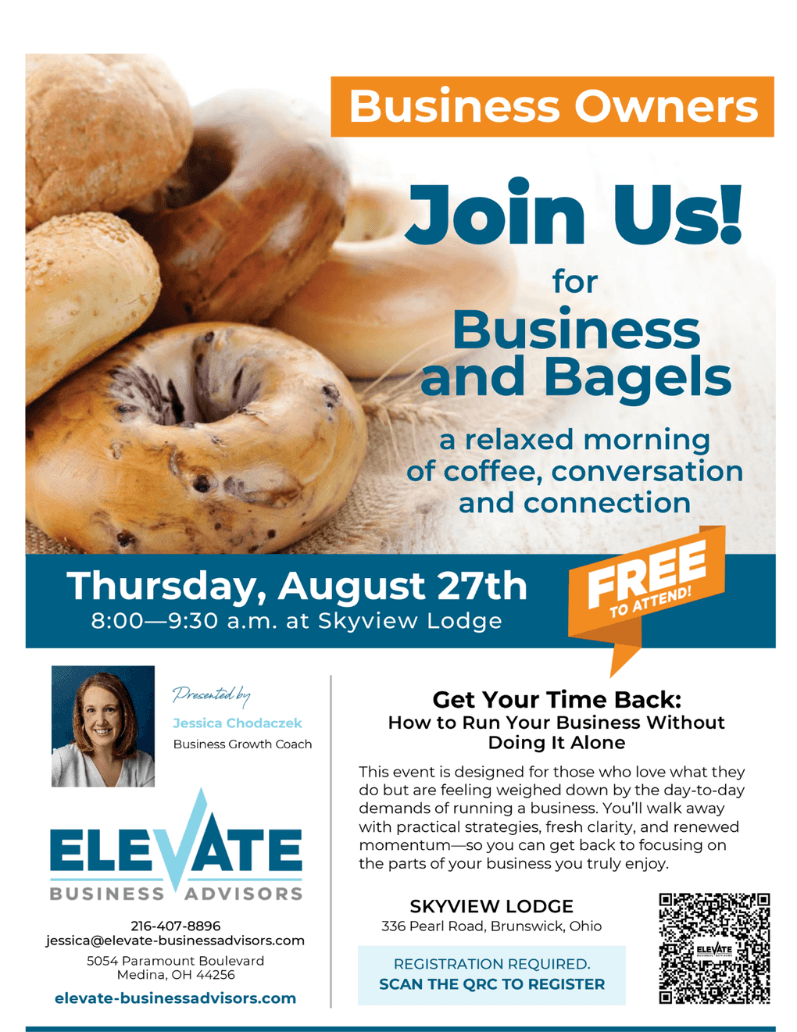 Event flyer inviting business owners to join for bagels and coffee on Thursday, Aug 27 at Skyview Lodge—free to attend.