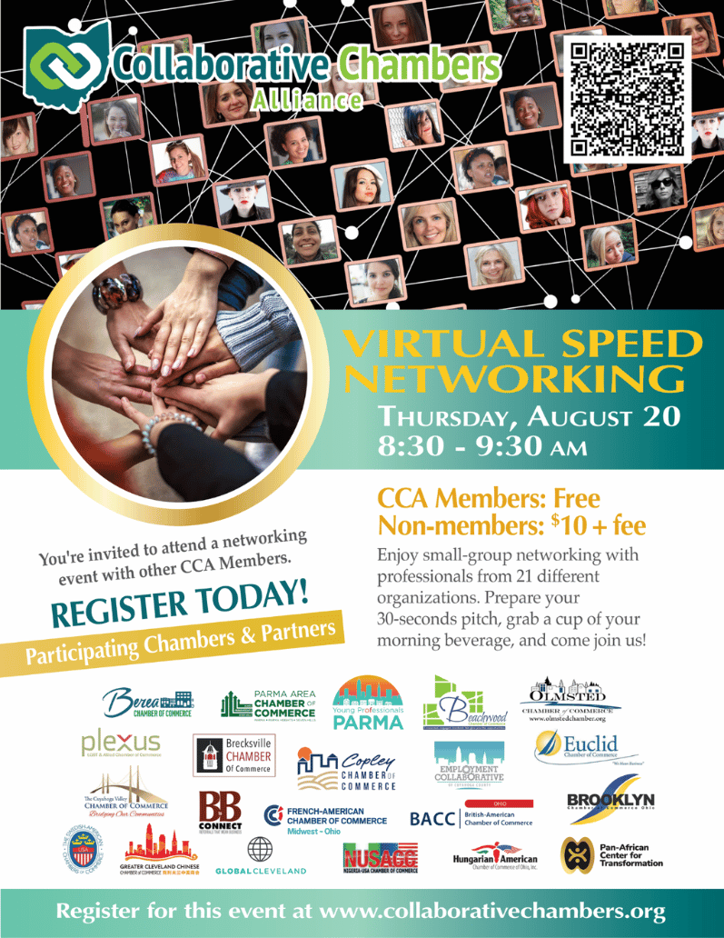 Promotional flyer for Collaborative Chambers Alliance: 'Virtual Speed Networking' on Aug 20, 8:30–9:30 am; free for members, $10 for non-members.