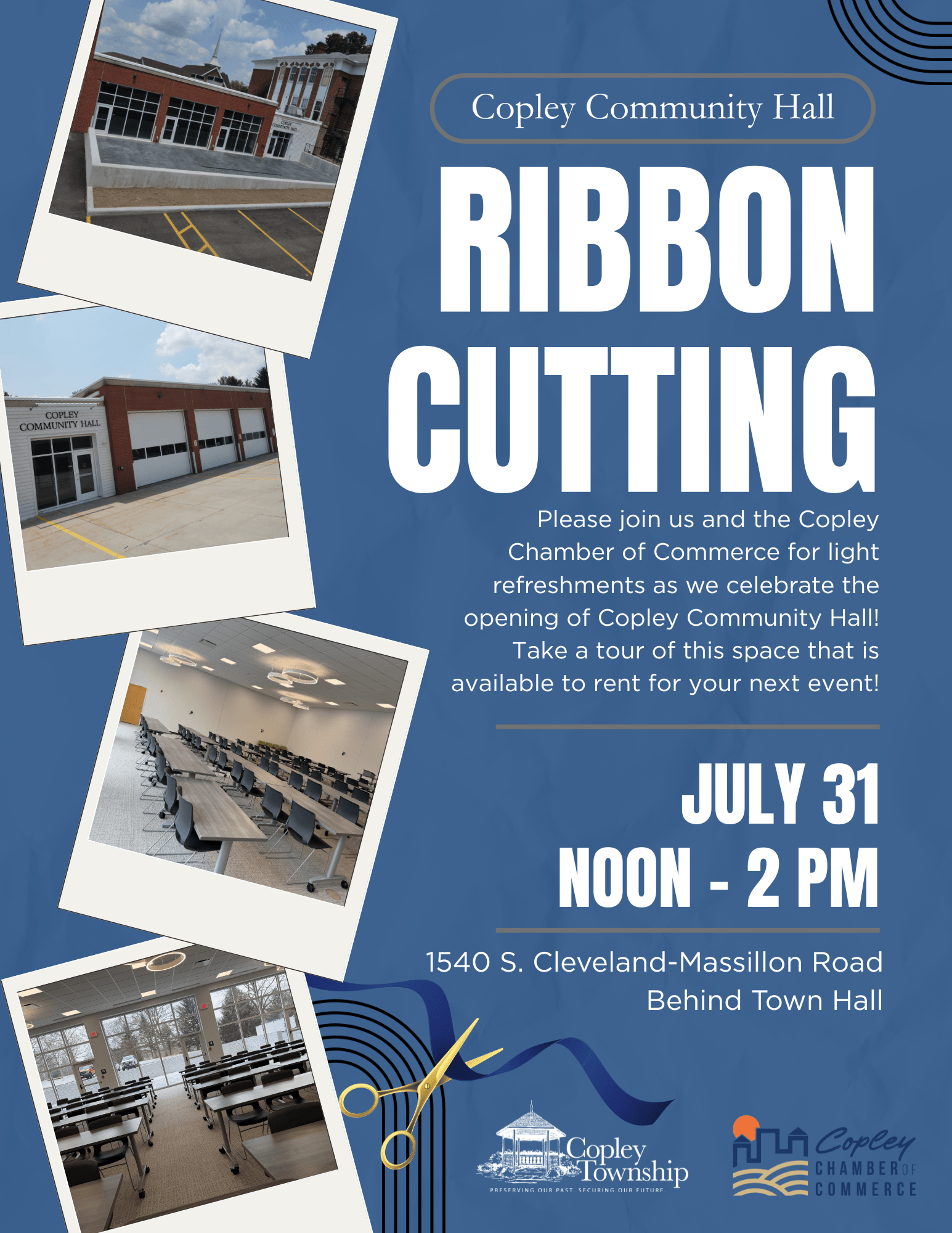 Promotional poster for Copley Community Hall ribbon cutting, showing photos of the hall’s exterior and interior along a blue background with large white text and event details.