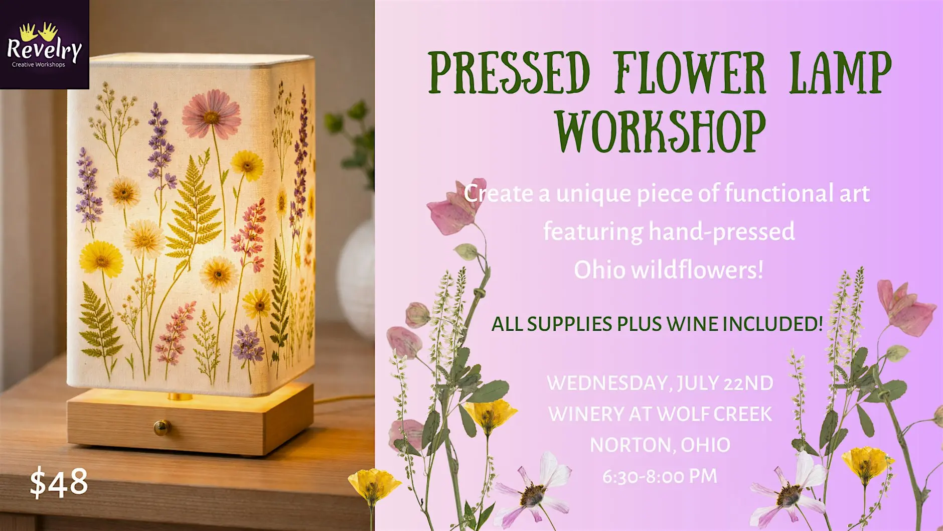 Left: lamp with a pressed-flower shade on a wooden base, $48. Right: pink gradient poster advertising a 'Pressed Flower Lamp Workshop' with floral graphics.