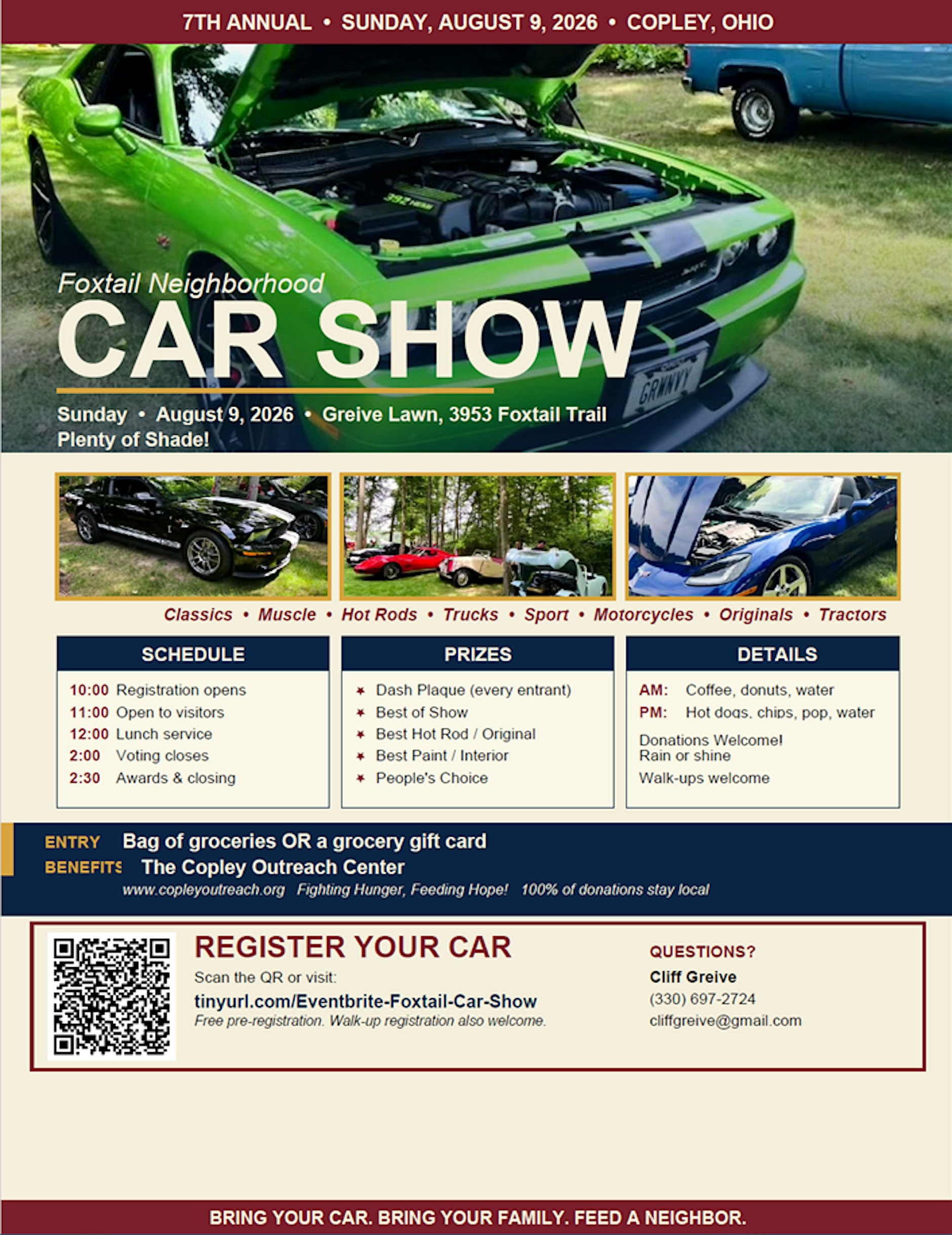 Poster for Foxtail Neighborhood Car Show with a bright green car and event details: date, location, and schedule image banner.