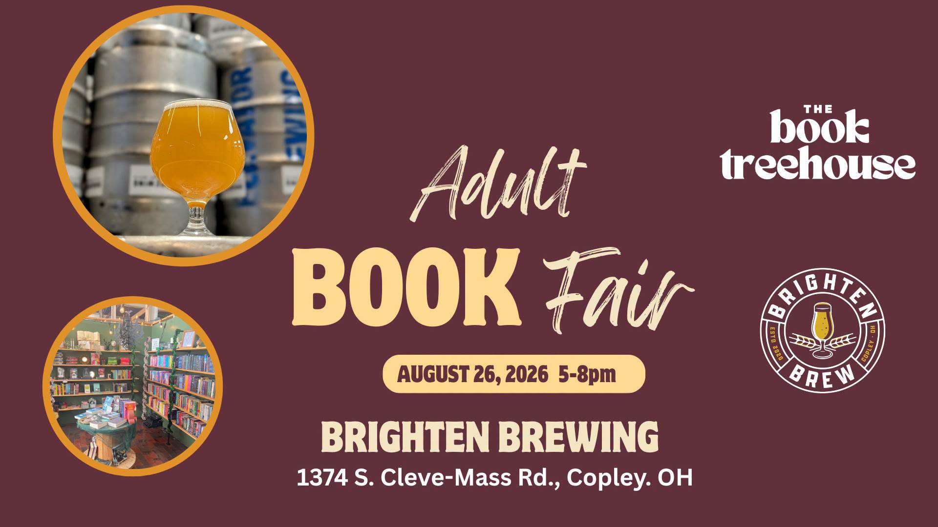 Poster for an Adult Book Fair featuring beer and bookstore images on a maroon background.