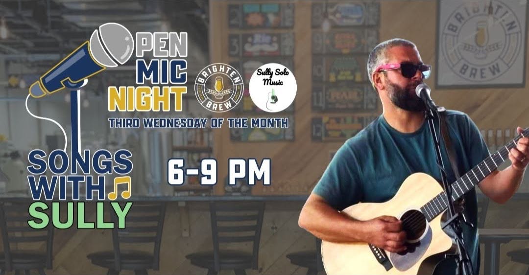 Open Mic Night poster: guitarist singing into a mic, event 6–9 PM, 'Songs with Sully' on the third Wednesday of the month.