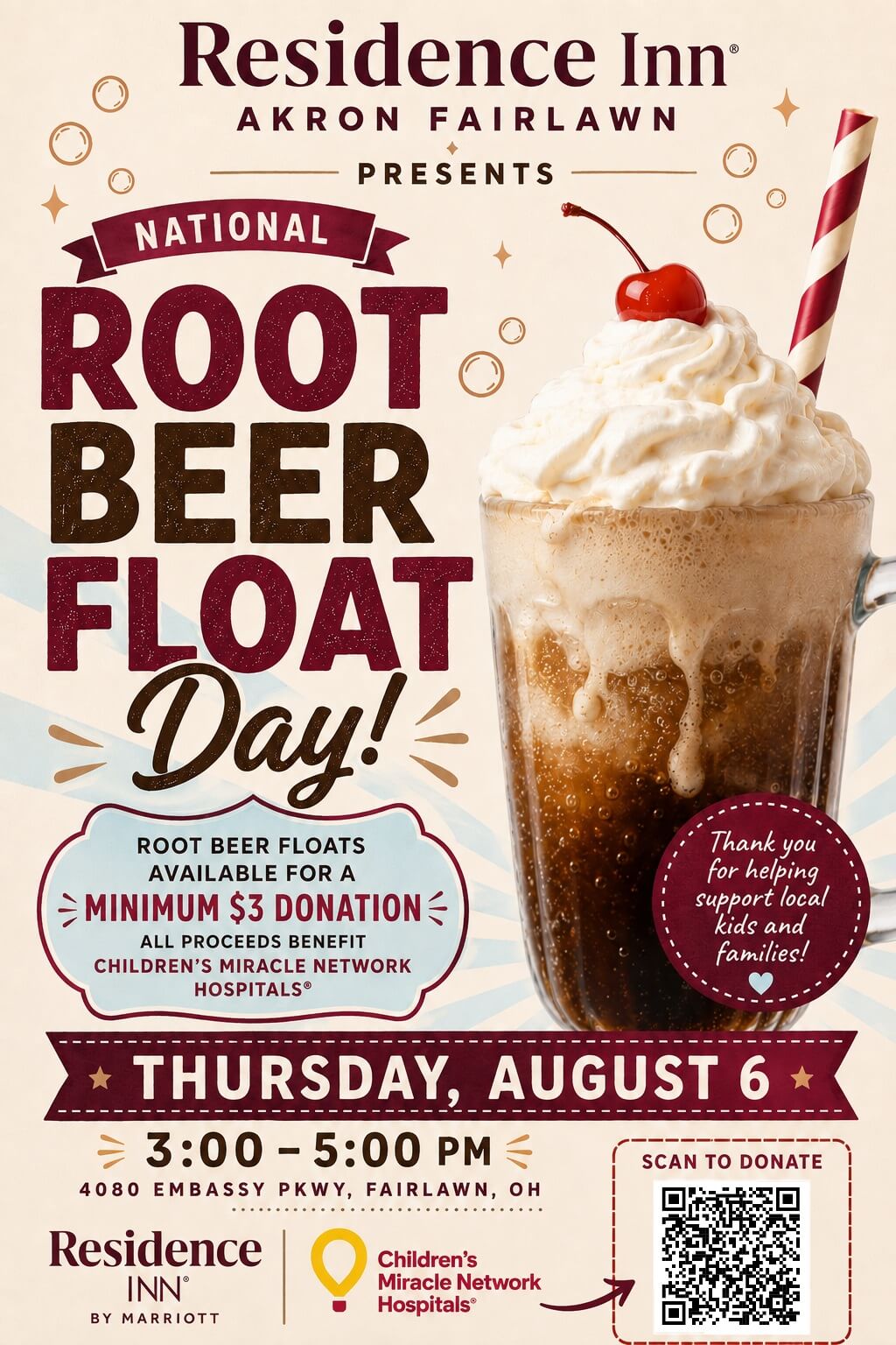 Poster advertising National Root Beer Float Day at Residence Inn Akron Fairlawn, featuring a root beer float glass and donation info for Children's Miracle Network Hospitals, date and time included.