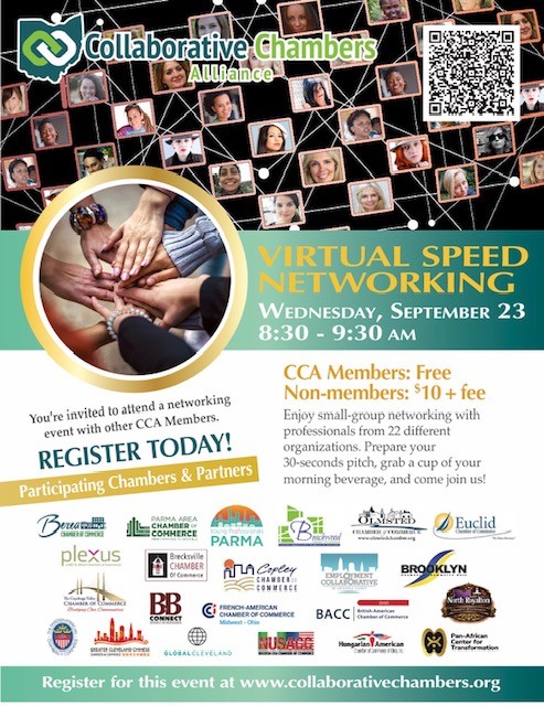 Promotional poster for Collaborative Chambers Alliance's virtual speed networking event. Features a collage of member faces, a circular hands-in photo, date/time (Wed, Sept 23, 8:30–9:30 am), member/ non-member fees, a QR code, and sponsor logos; register at collaborativechambers.org.